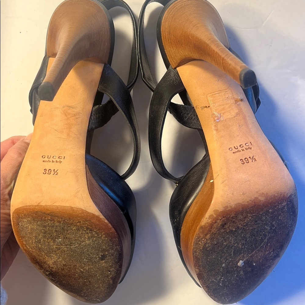 GUCCI GG Running Black Leather Platform Heels wood platform stacked heel sz 39.5 - Picture 4 of 16